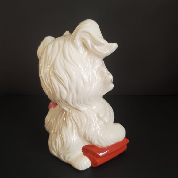 Cute Kitschy Puppy Figurine Vintage Signed 70s Ceramic White Blue Eyes Pink Bow - Picture 6 of 8